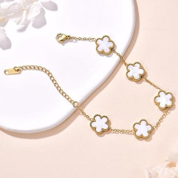 Neiman Marcus 18K Gold-Plated Pearl White Four Leaf Clover Bracelet - Picture 4 of 4